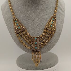 MADE IN ISRAEL Gold Wash Yemeni Vintage Turquoise Bib Necklace